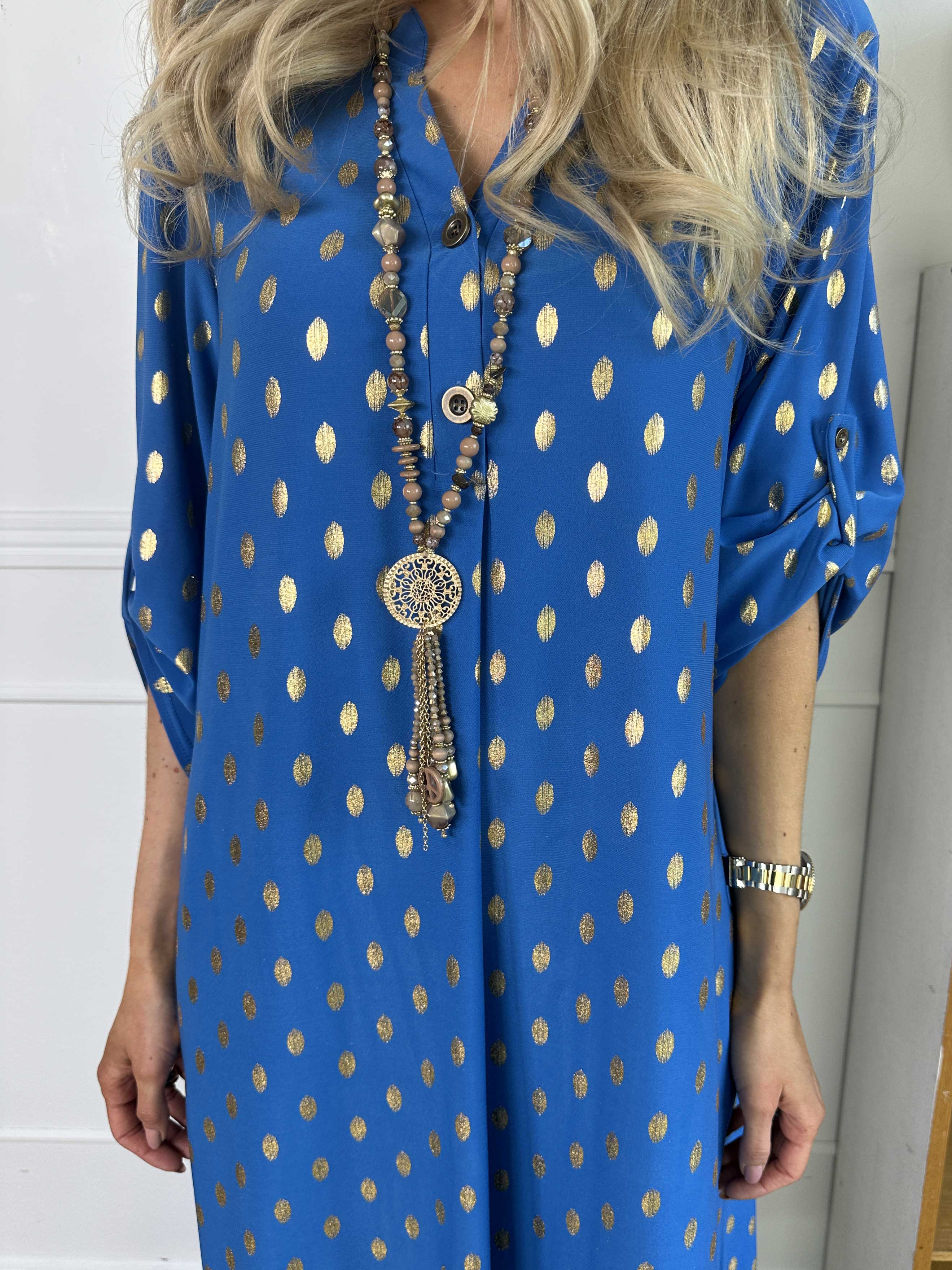 Ebba Gold Dress - Lång klänning med resår och guldprickar